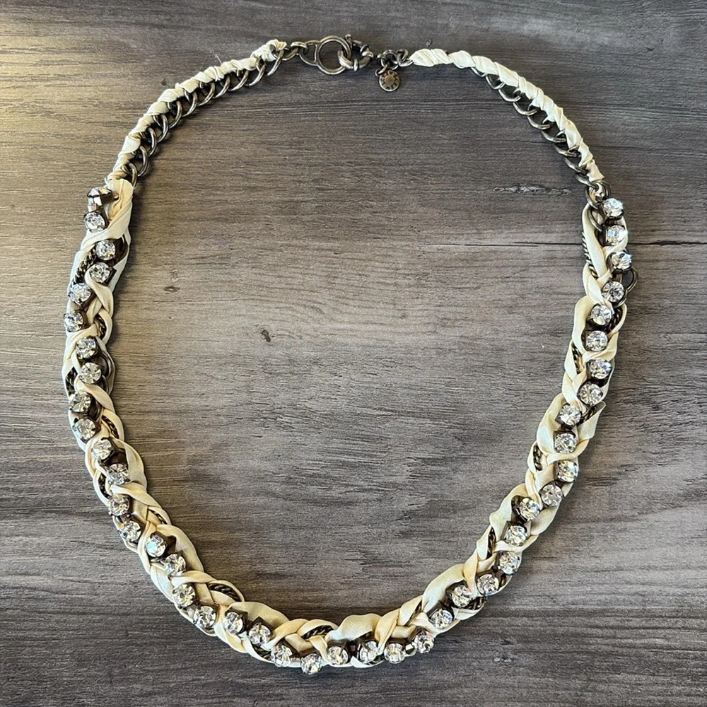 J. Crew Bronze Chain & Ivory Ribbon Necklace With Rhinestones